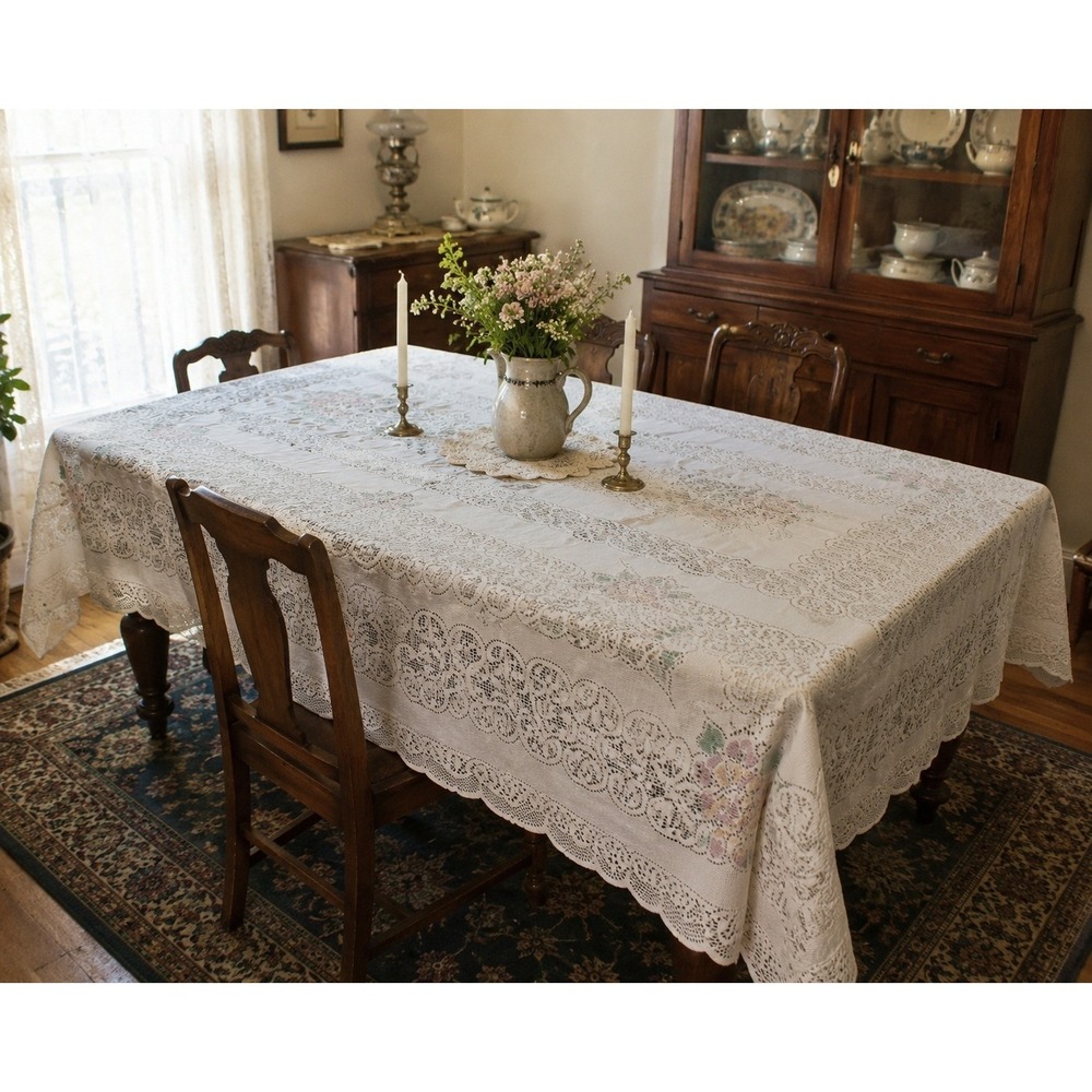 Vintage Floral Lace Tablecloth Cream Pastel Embroidery Rectangular Cottagecore